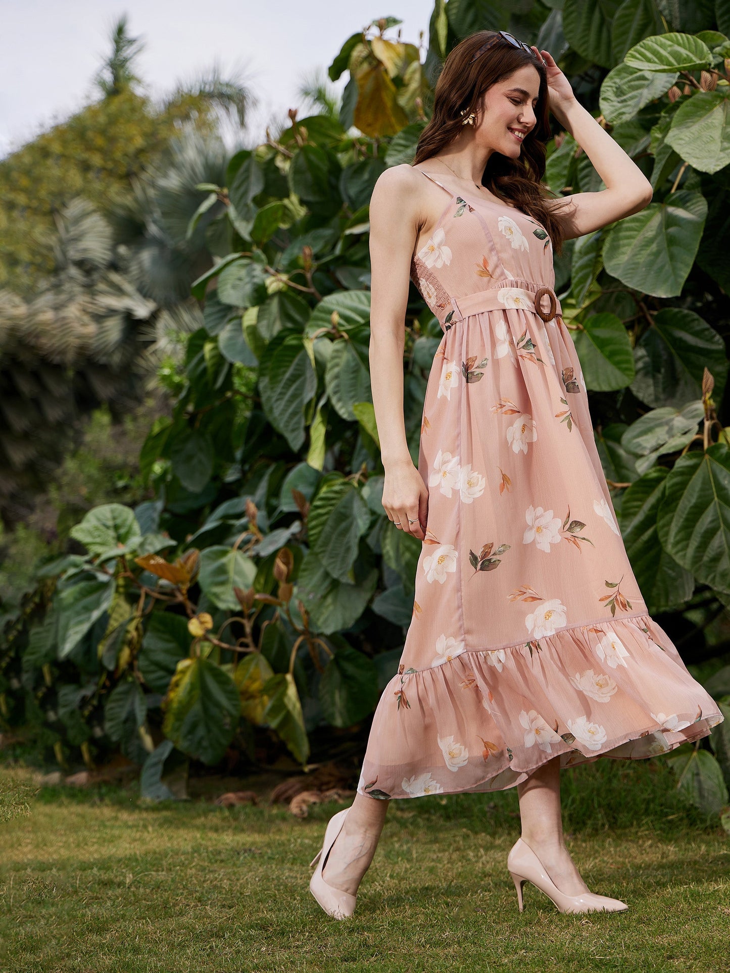 Nude Floral Belted Strappy Maxi Dress