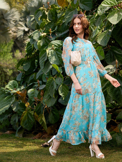 Turquoise Floral Waist Cut Out Maxi Dress