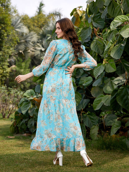 Turquoise Floral Waist Cut Out Maxi Dress