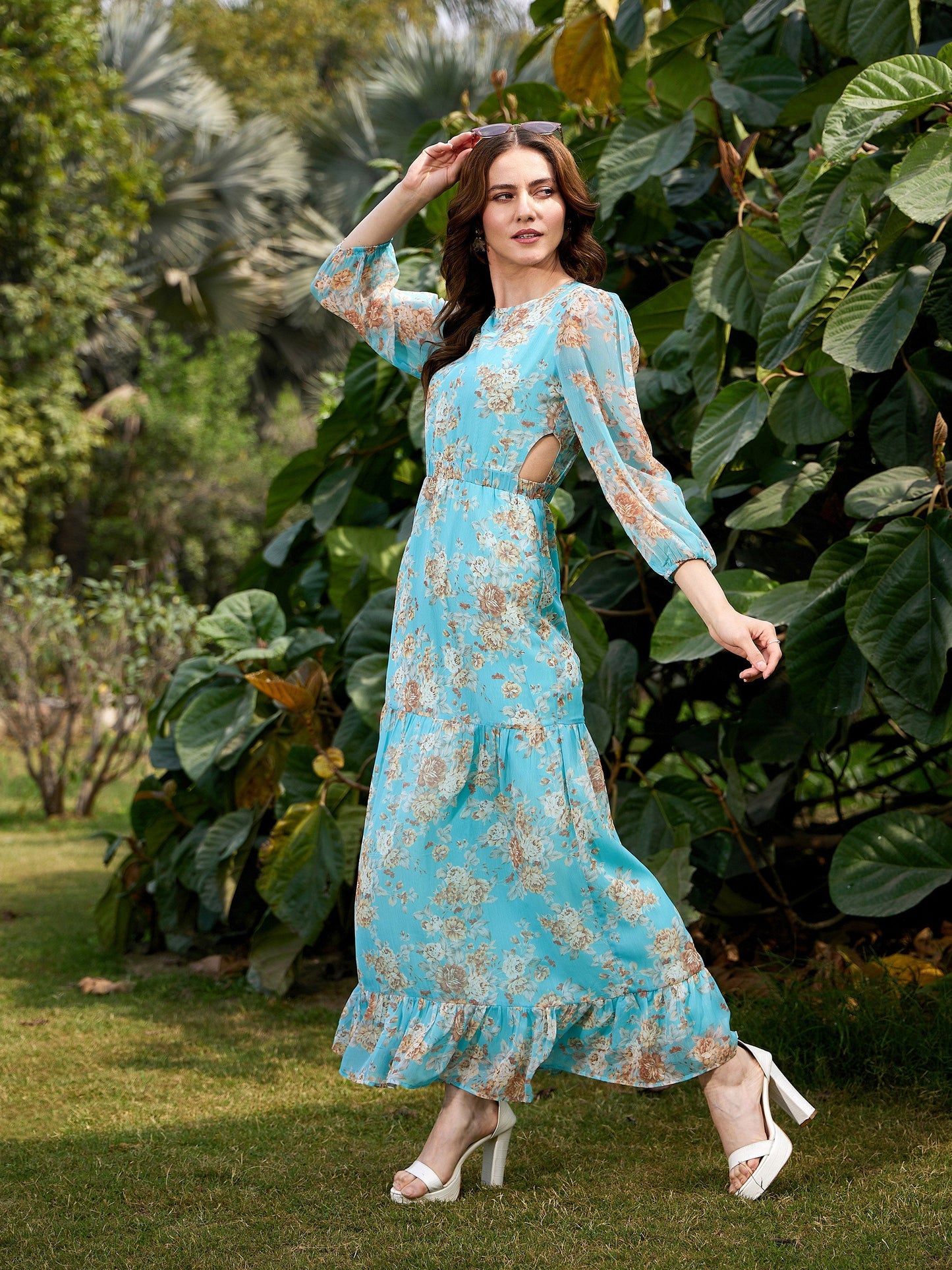 Turquoise Floral Waist Cut Out Maxi Dress