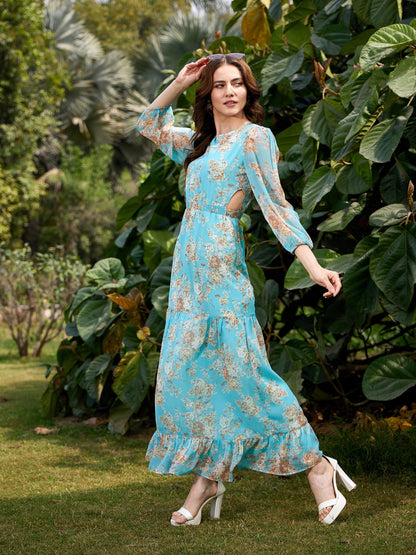 Turquoise Floral Waist Cut Out Maxi Dress