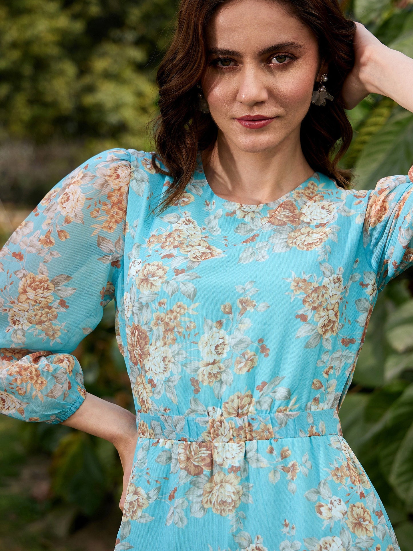 Turquoise Floral Waist Cut Out Maxi Dress
