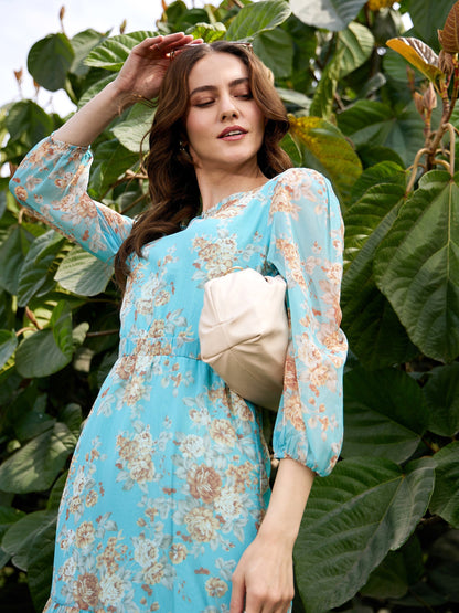 Turquoise Floral Waist Cut Out Maxi Dress