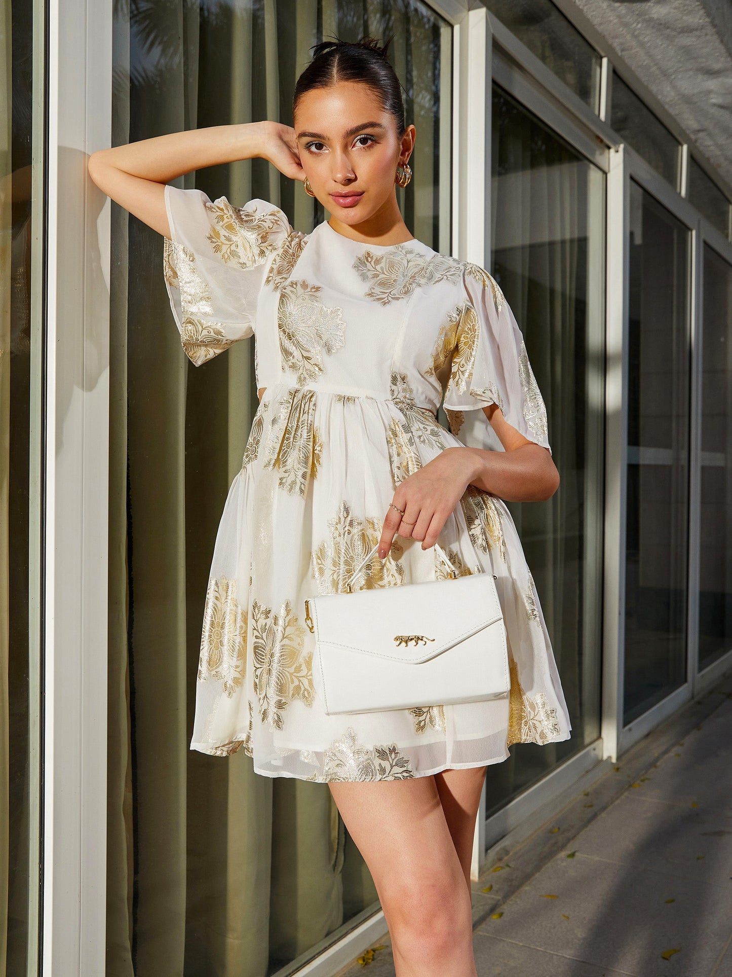 White Jacquard Waist Cut Out Skater Dress