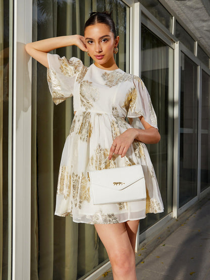 White Jacquard Waist Cut Out Skater Dress