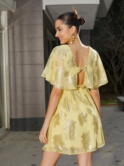 Yellow Jacquard Flared Short Dress