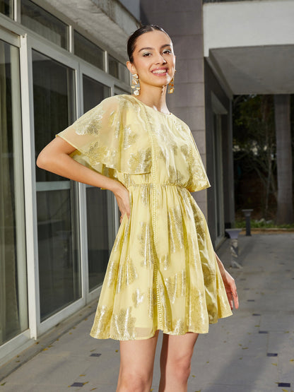 Yellow Jacquard Flared Short Dress