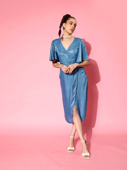Blue Jacquard Drape Midi Dress