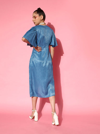 Blue Jacquard Drape Midi Dress