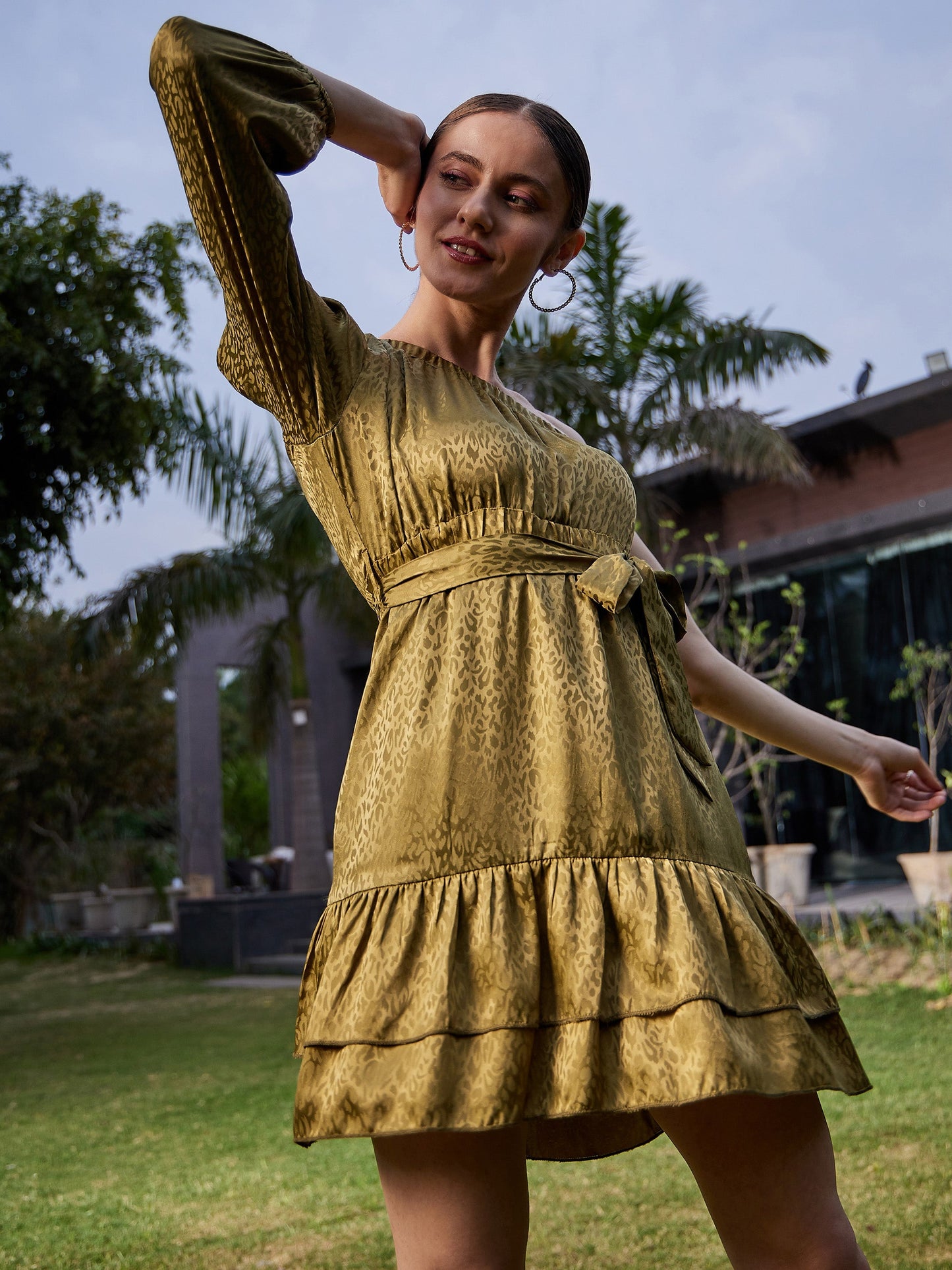 Olive Jacquard One Shoulder Skater Dress