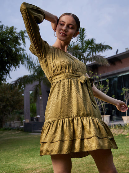 Olive Jacquard One Shoulder Skater Dress