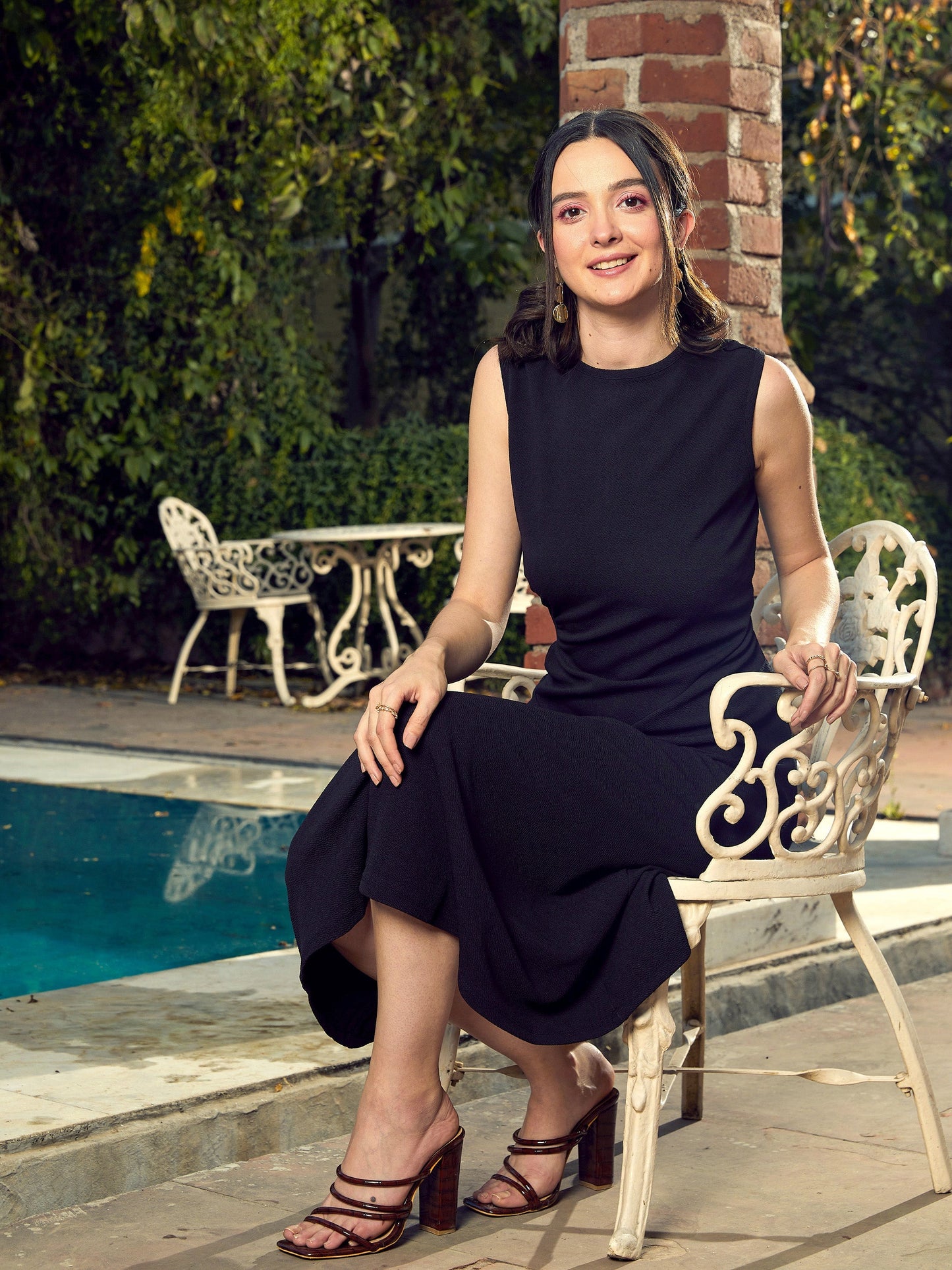 Women Black Side Waist Cut Out Midi Dress