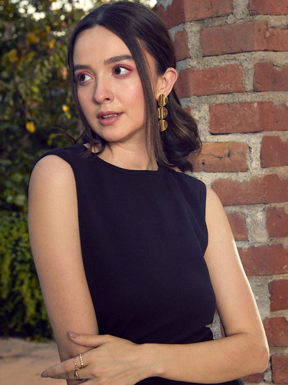 Women Black Side Waist Cut Out Midi Dress