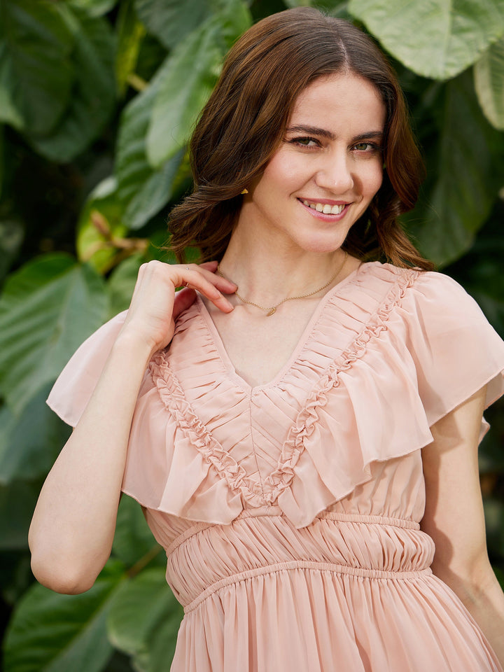 Women Nude Frilly Tiered Midi Dress