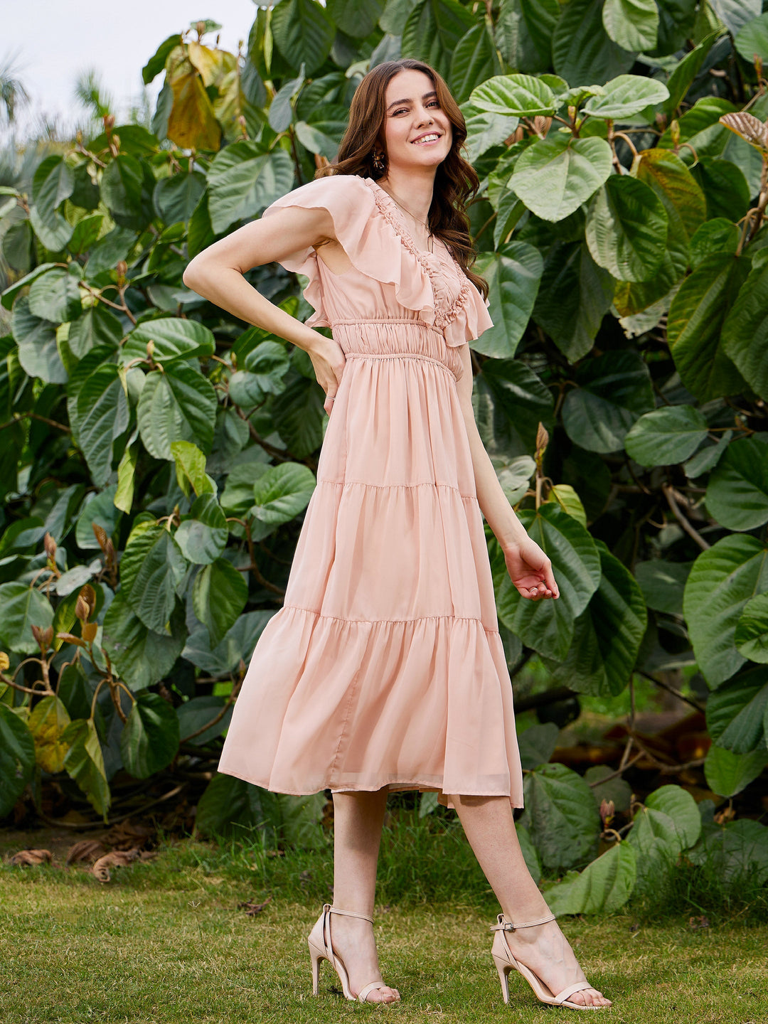 Women Nude Frilly Tiered Midi Dress