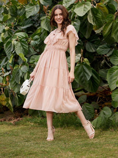 Women Nude Frilly Tiered Midi Dress
