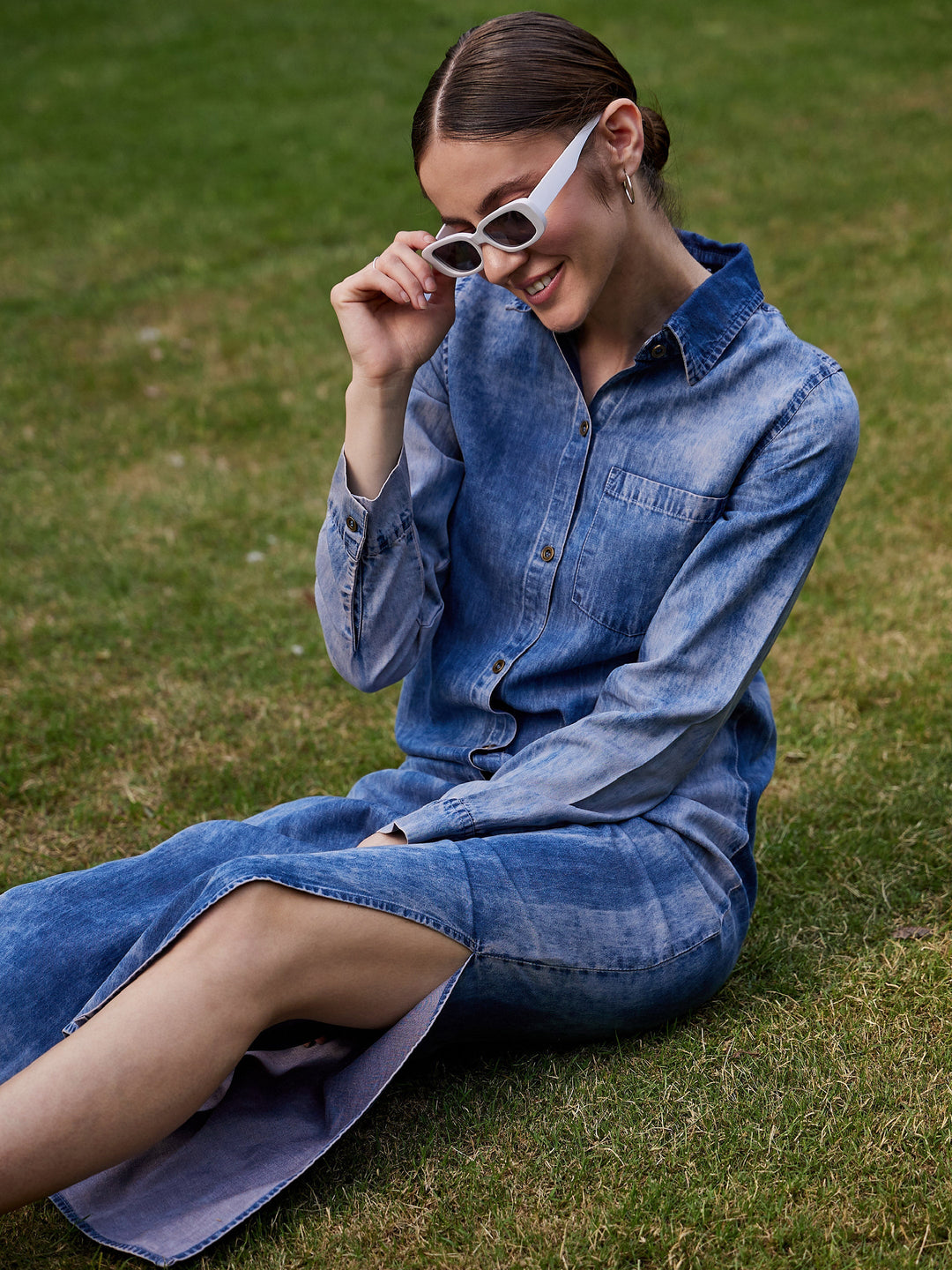Women's Women Blue Acid Wash Tencel Maxi Shirt Dress in Cotton by Sassafras for wholesale, bulk, supplier, manufacturer and wholesaler buyers from Trendphoria