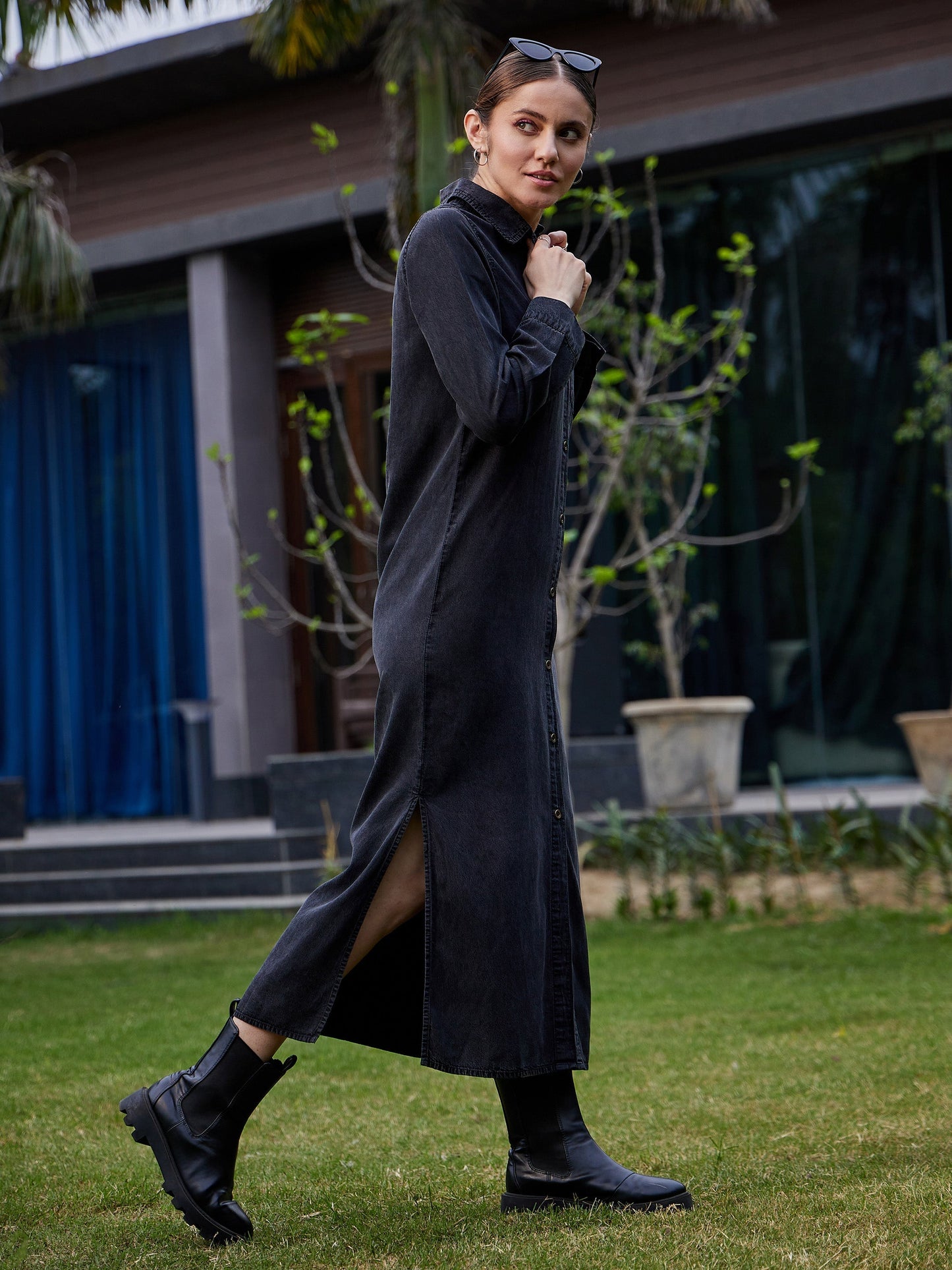 Women Black Acid Wash Tencel Maxi Shirt Dress