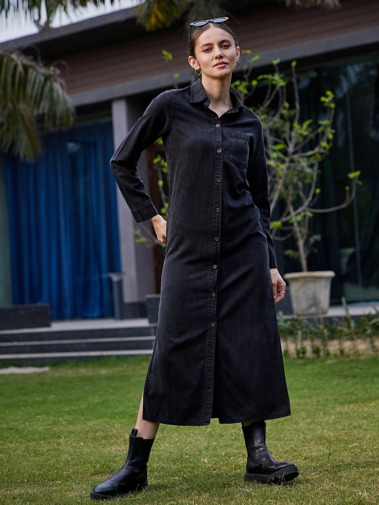 Women Black Acid Wash Tencel Maxi Shirt Dress