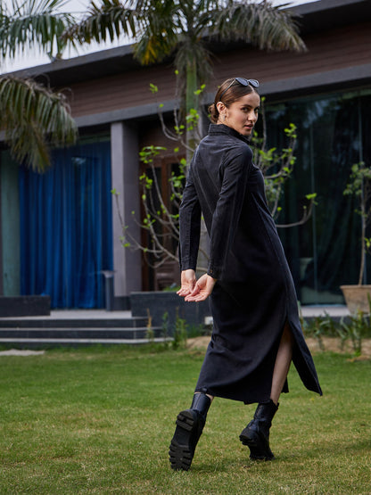 Women Black Acid Wash Tencel Maxi Shirt Dress