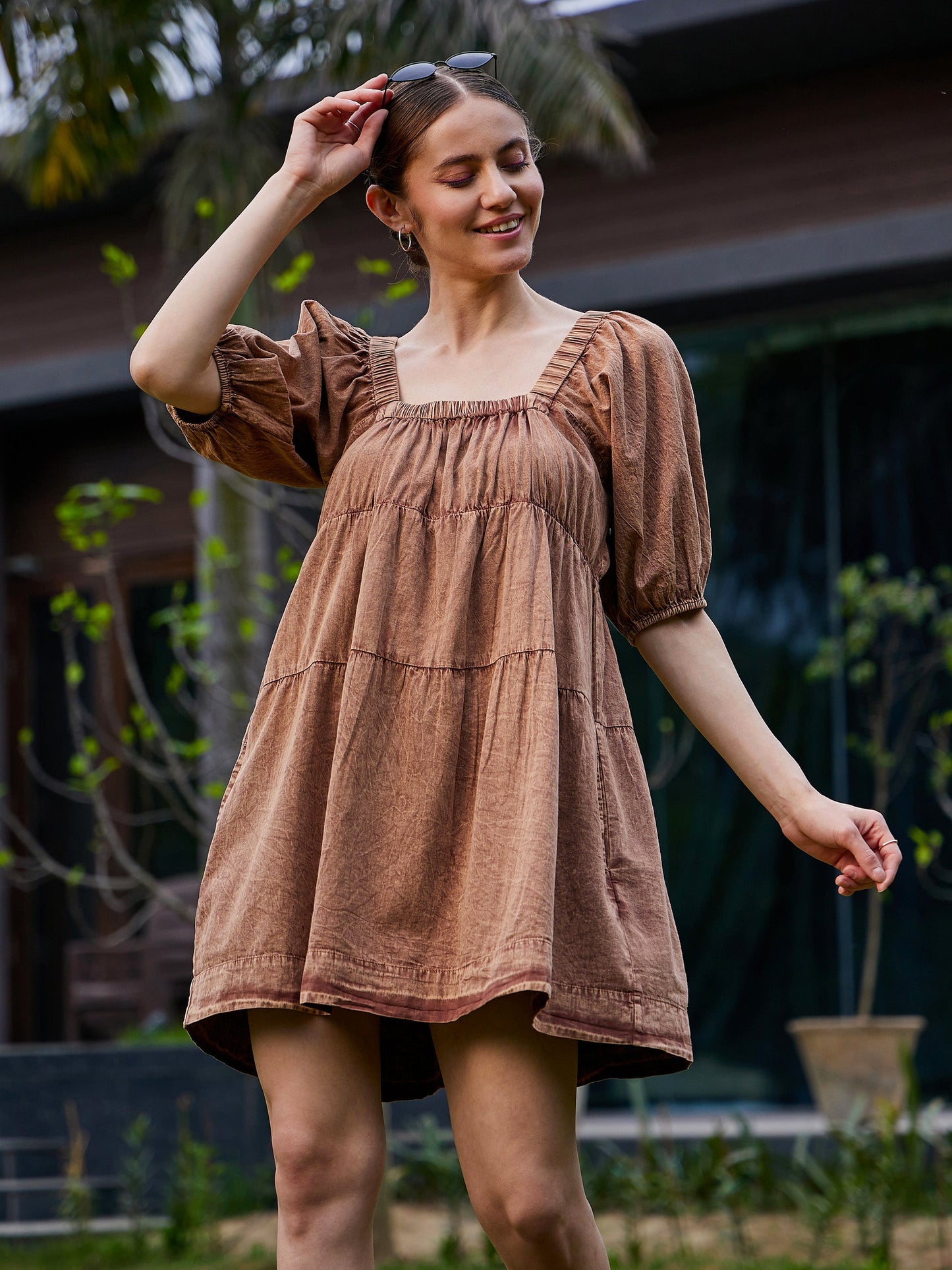 Brown Washed Tiered Dress