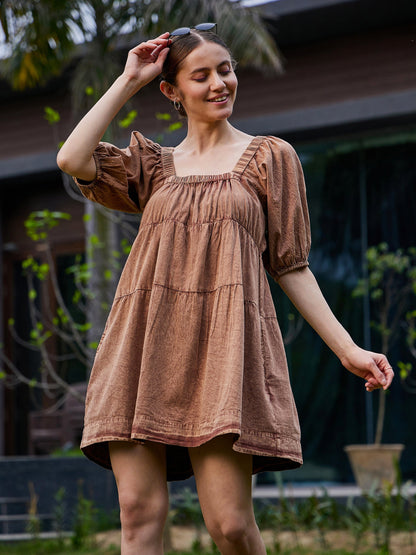 Brown Washed Tiered Dress