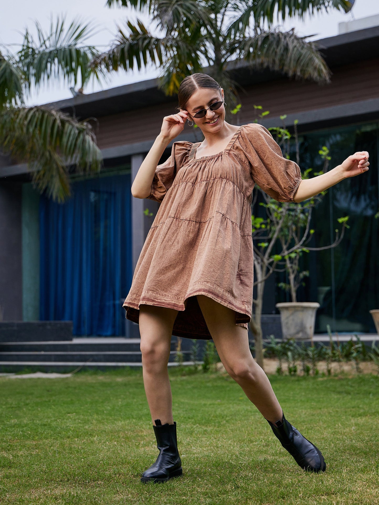 Brown Washed Tiered Dress