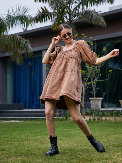 Brown Washed Tiered Dress