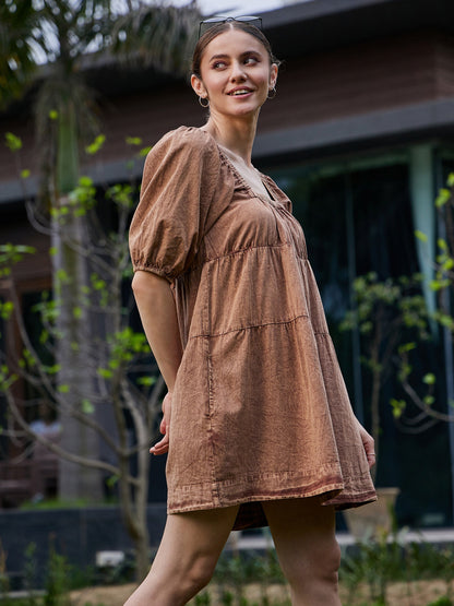 Brown Washed Tiered Dress