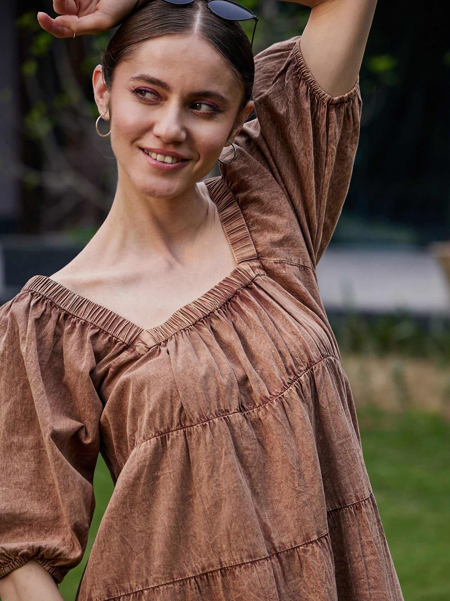 Brown Washed Tiered Dress