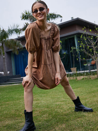 Brown Washed Tiered Dress