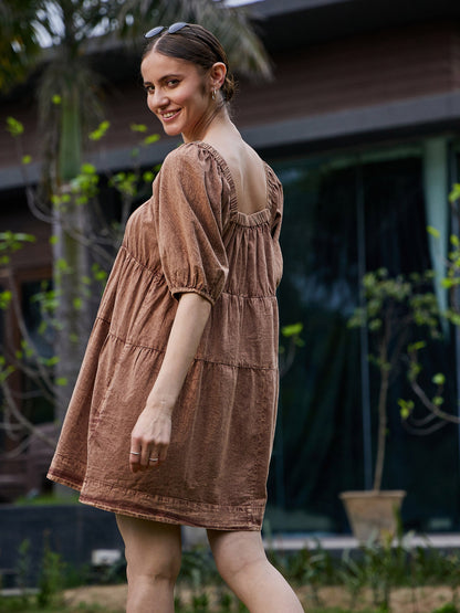 Brown Washed Tiered Dress
