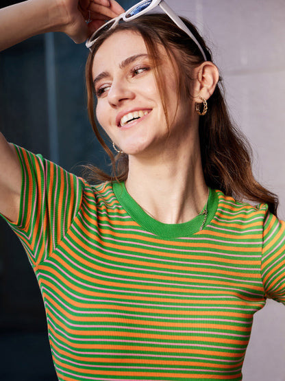 Green & Orange Striped Round Neck Rib Dress
