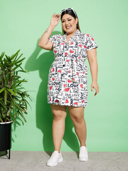 White Love Text Print Twill Belted Blazer Dress