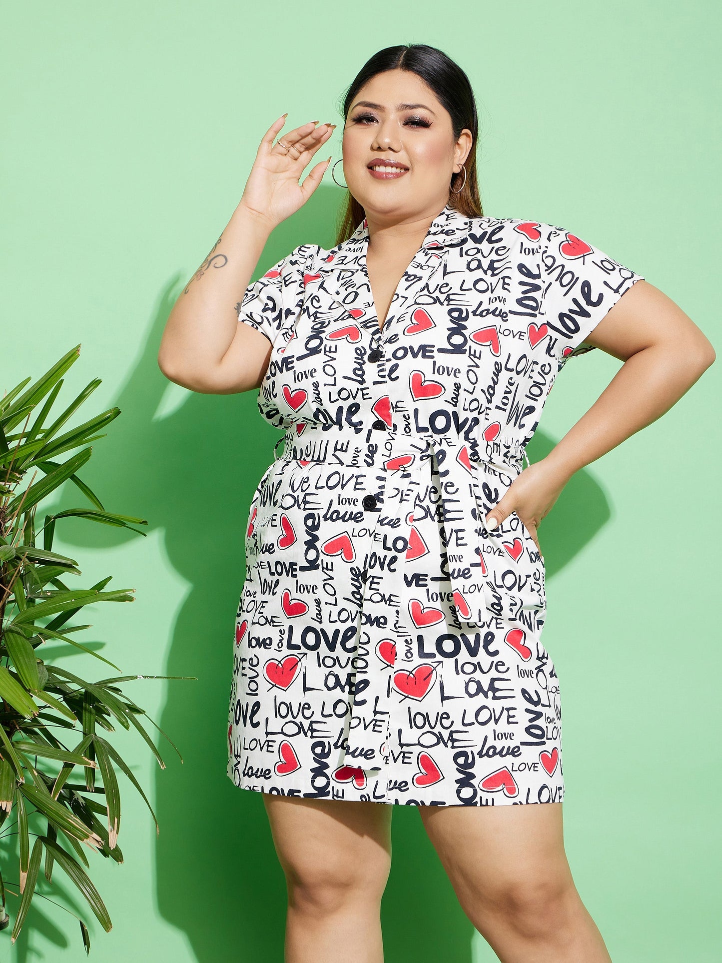 White Love Text Print Twill Belted Blazer Dress