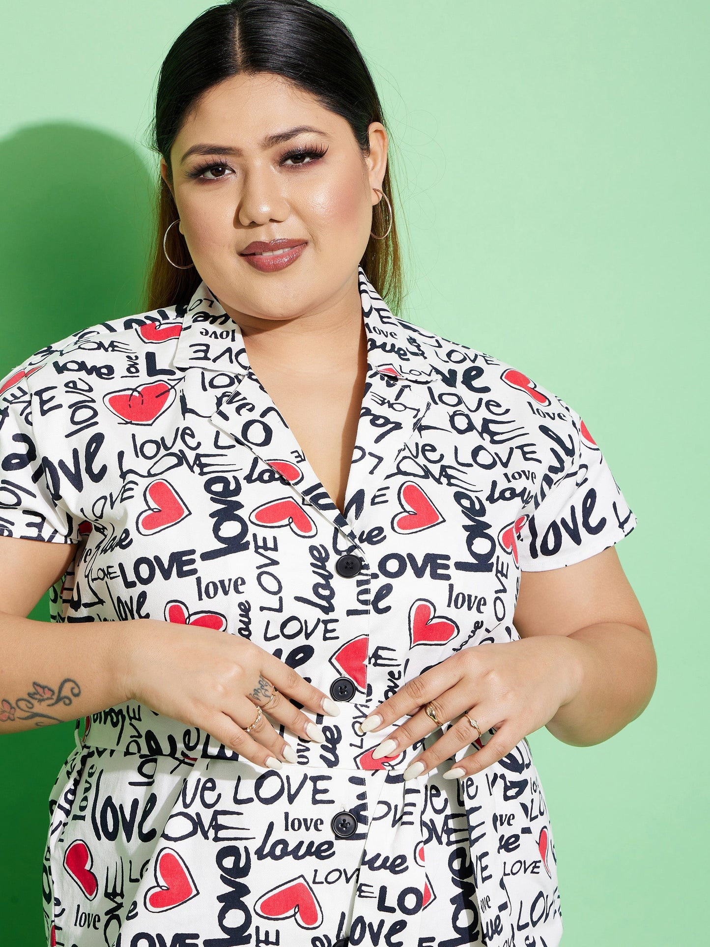 White Love Text Print Twill Belted Blazer Dress