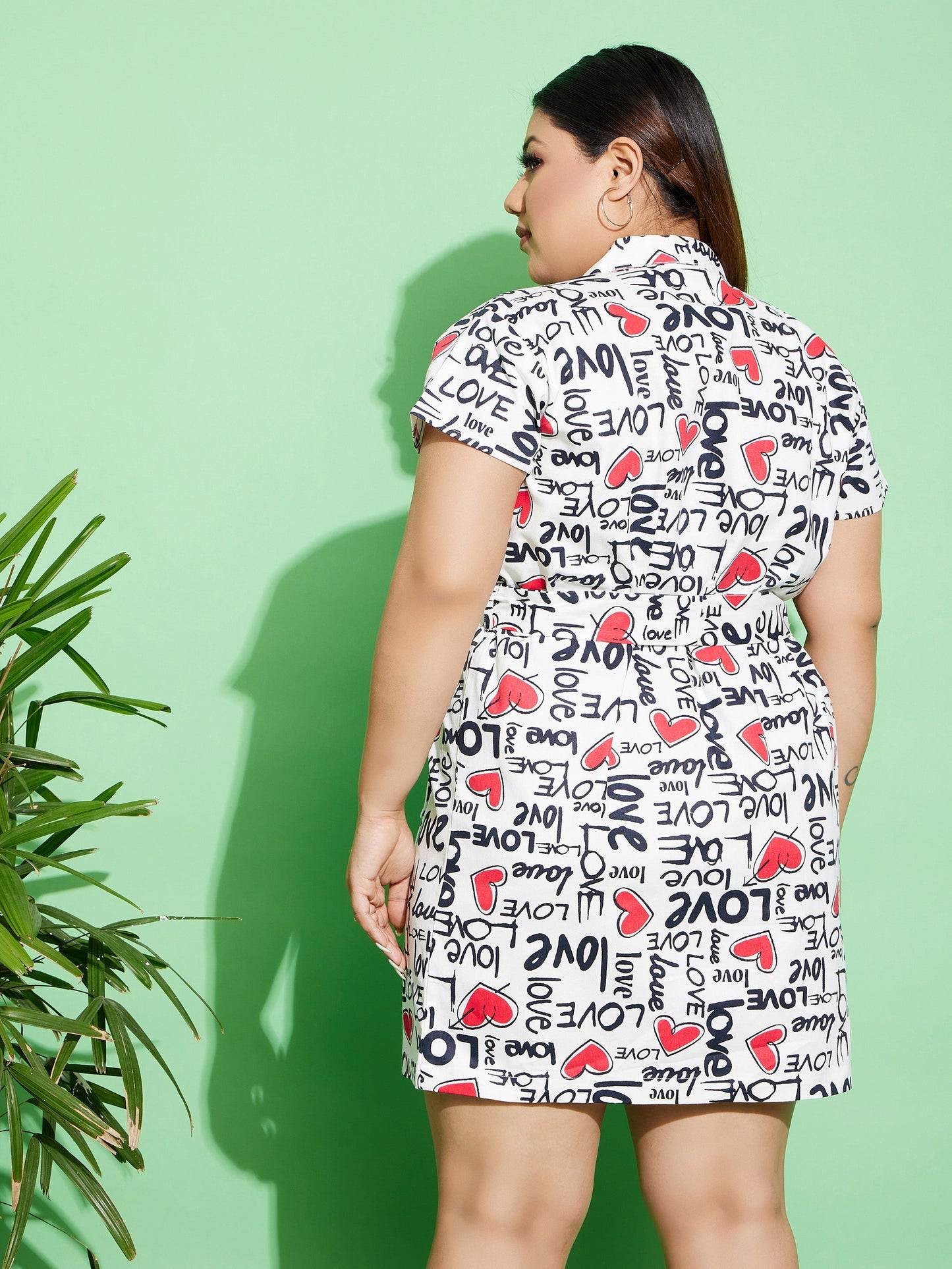 White Love Text Print Twill Belted Blazer Dress