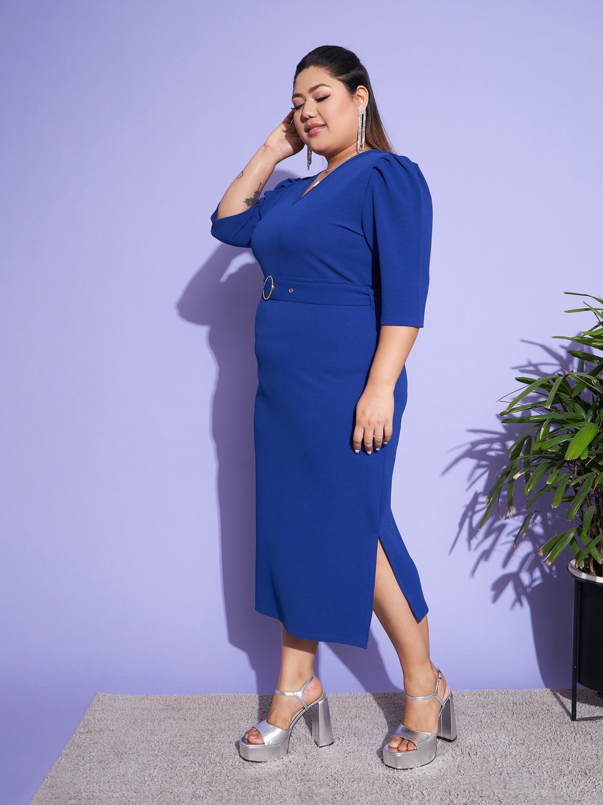 Royal Blue Belted Bodycon Dress-SASSAFRAS Curve