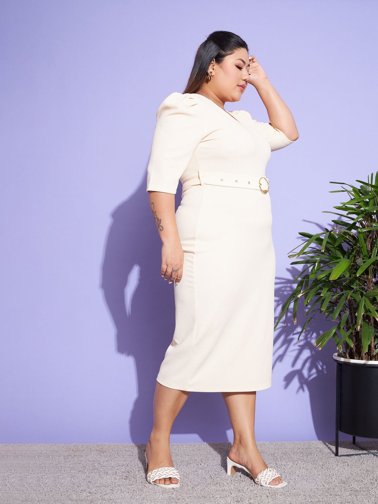 Off White Belted Bodycon Dress