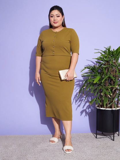 Olive Solid Strappy Dress With Shrug