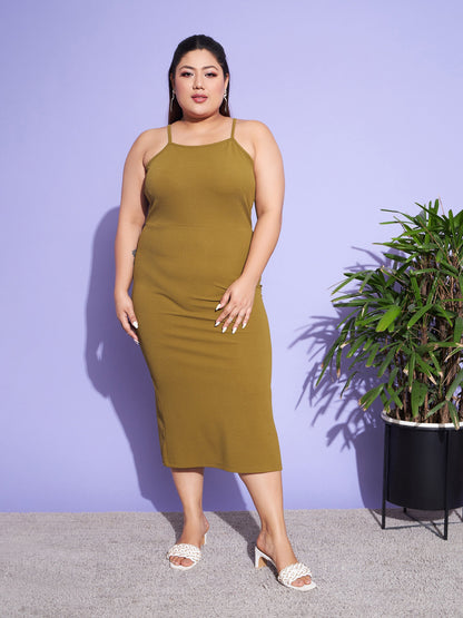 Olive Solid Strappy Dress With Shrug