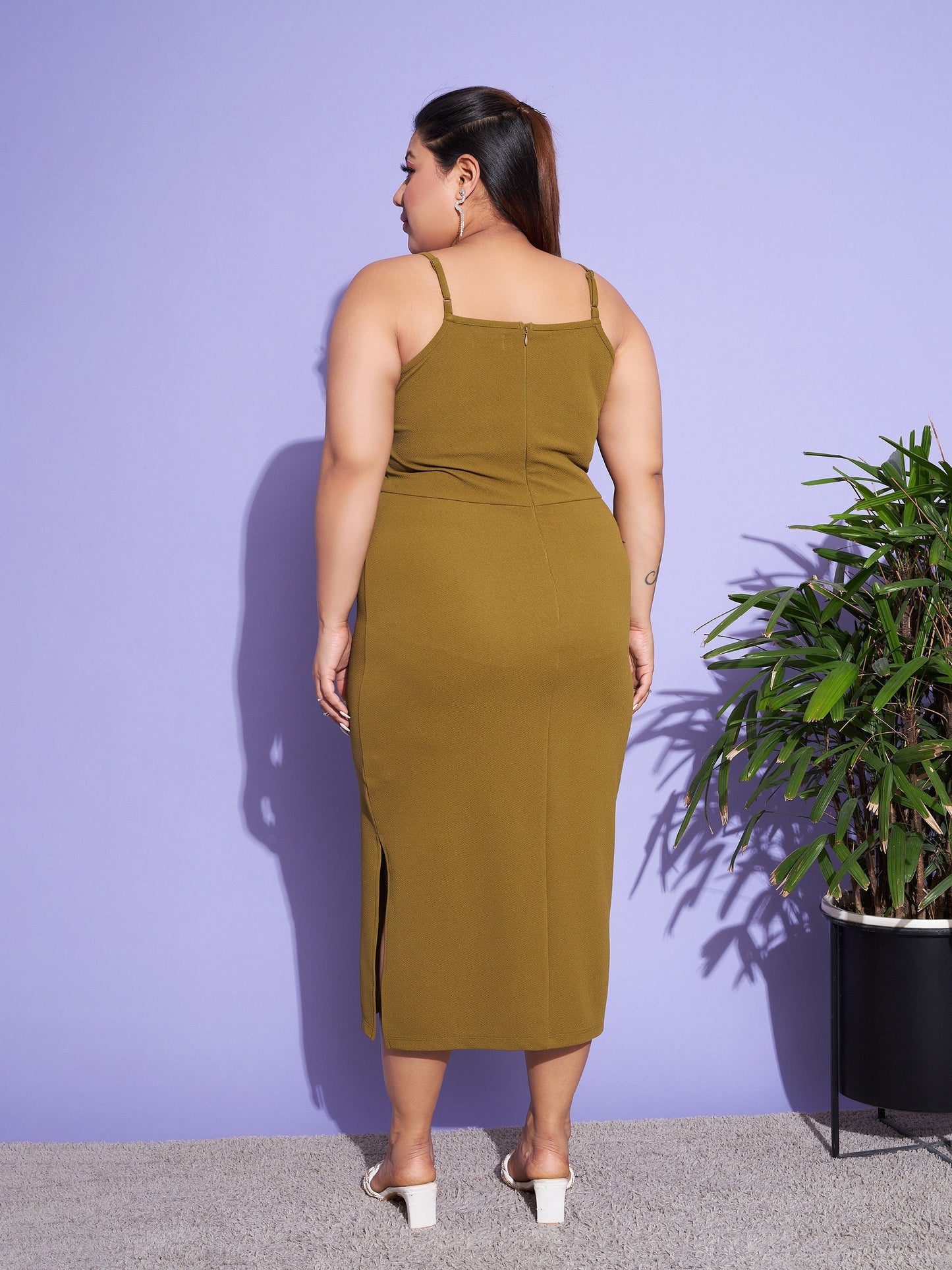 Olive Solid Strappy Dress With Shrug