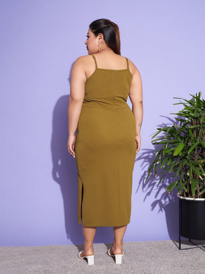Olive Solid Strappy Dress With Shrug