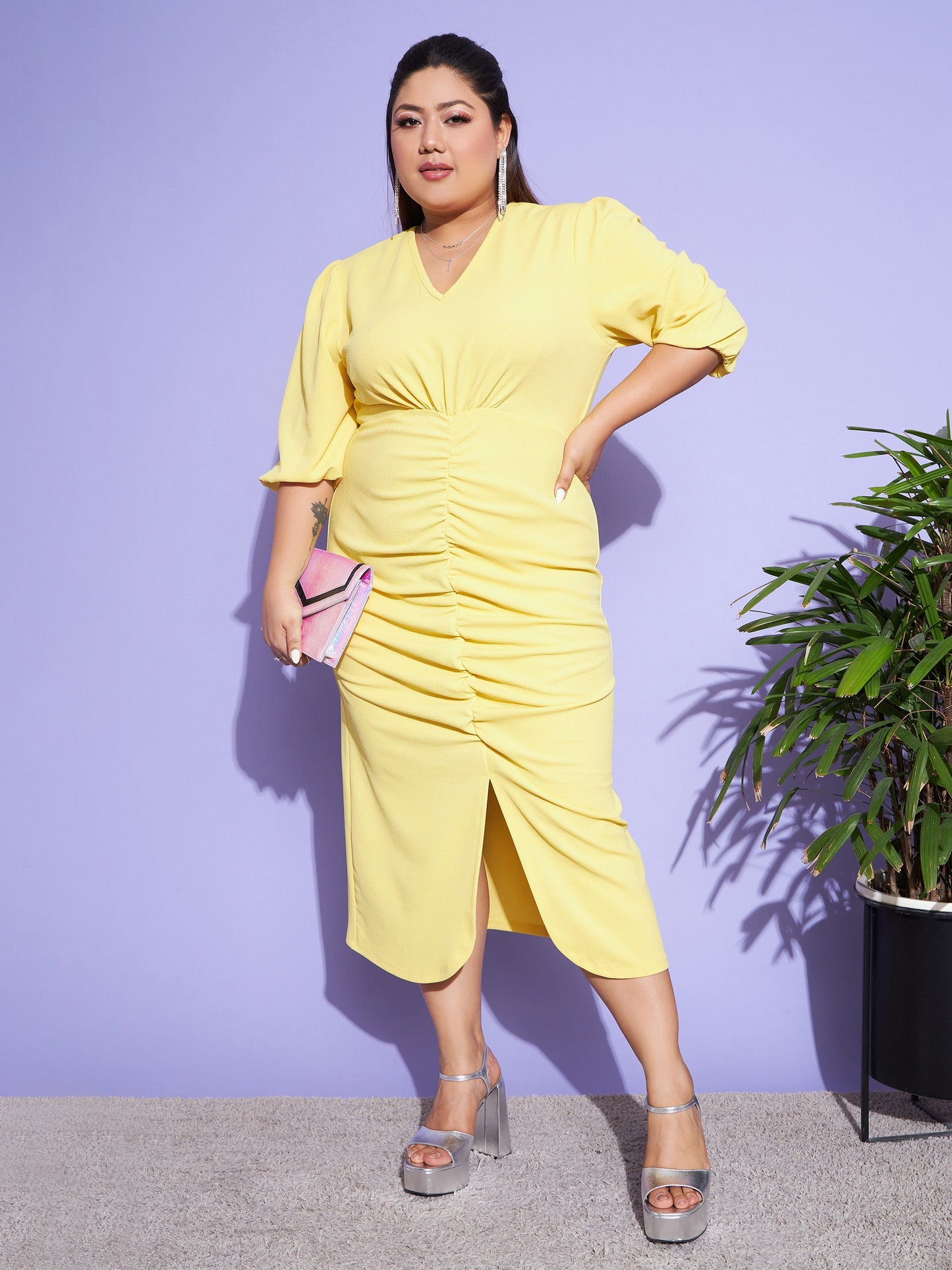 Yellow Solid Front Ruched Dress