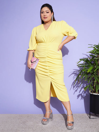 Yellow Solid Front Ruched Dress