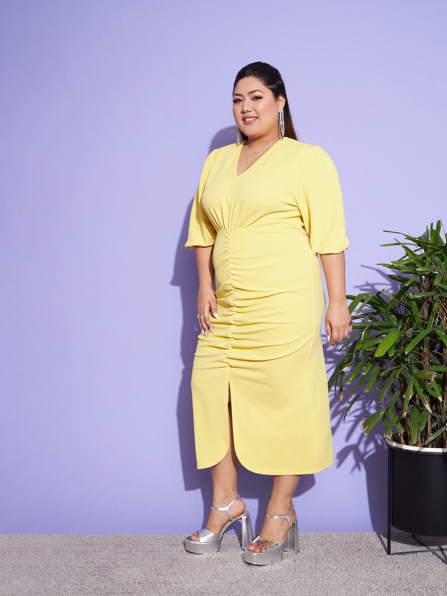 Yellow Solid Front Ruched Dress