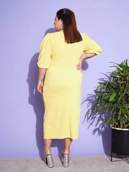 Yellow Solid Front Ruched Dress
