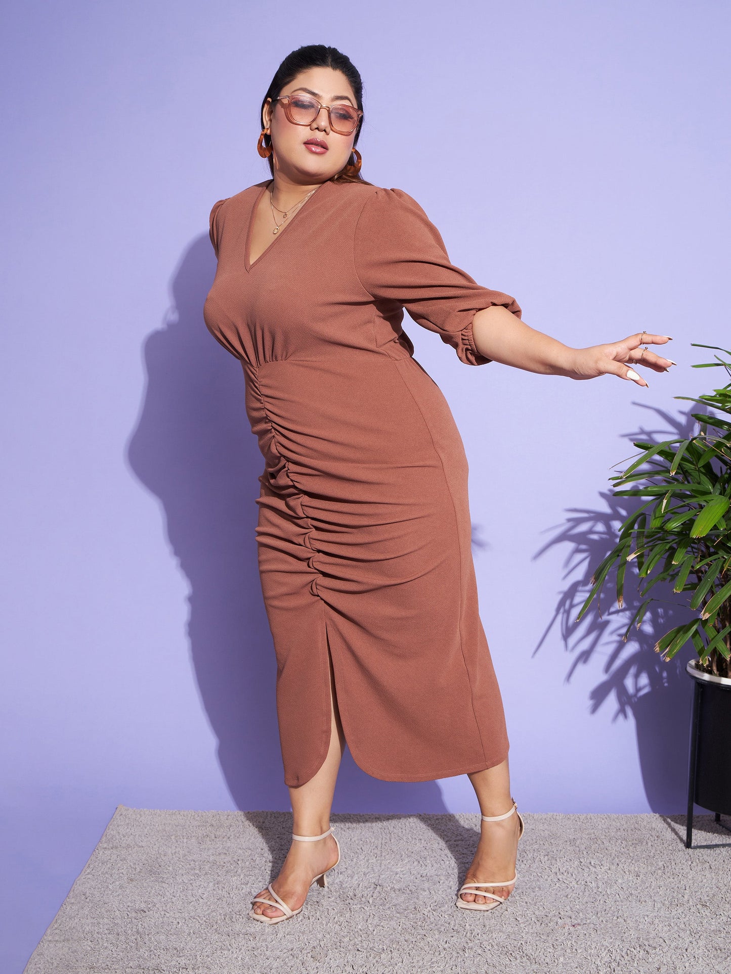 Brown Solid Front Ruched Dress