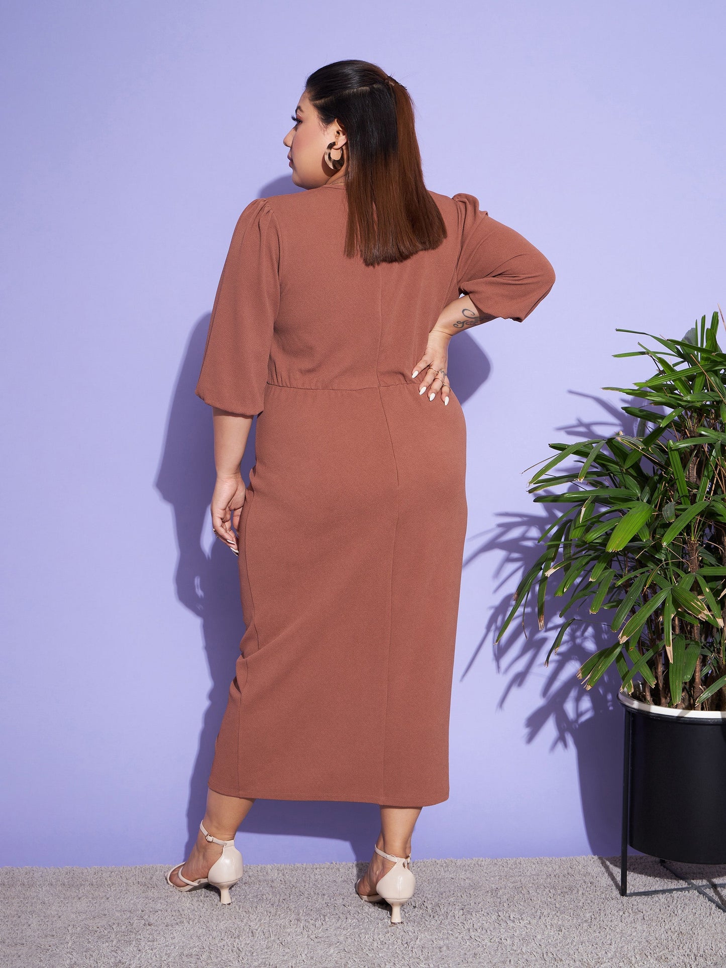 Brown Solid Front Ruched Dress