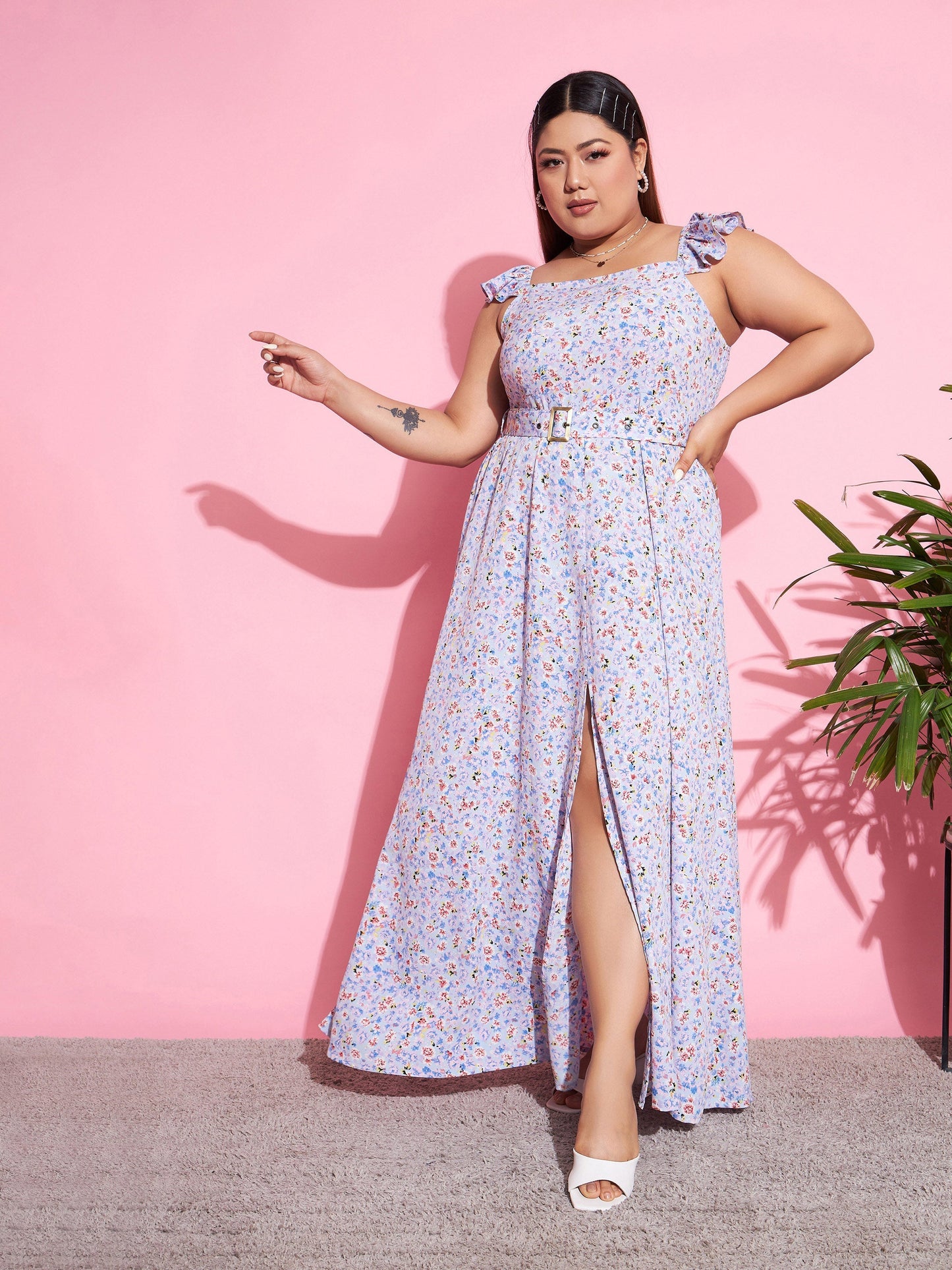 Blue Floral Front Slit Belted Maxi Dress